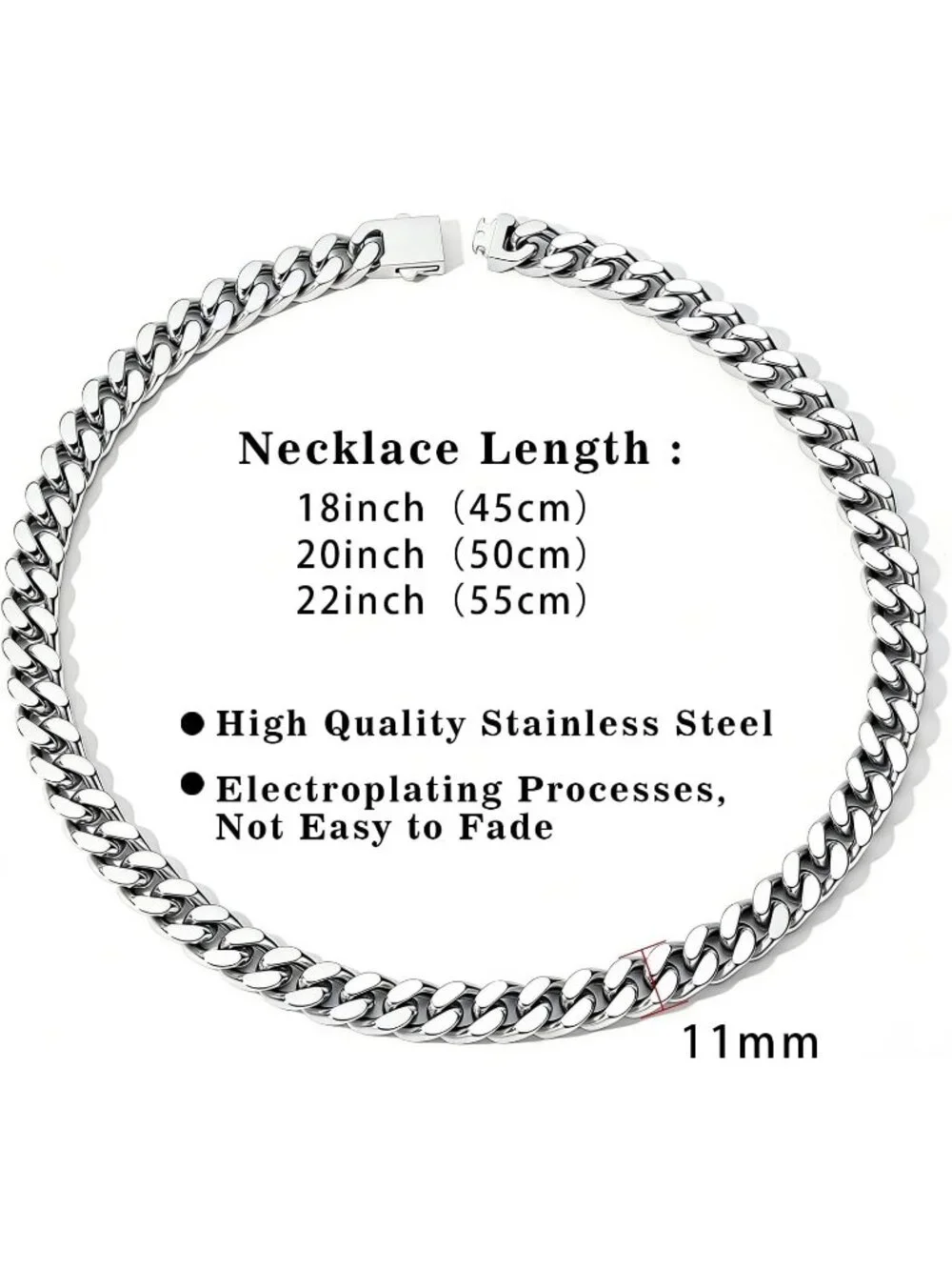 Unisex 11MM Silver Chain Cuban Link 11mm Stainless Steel Gold Silver Plated
